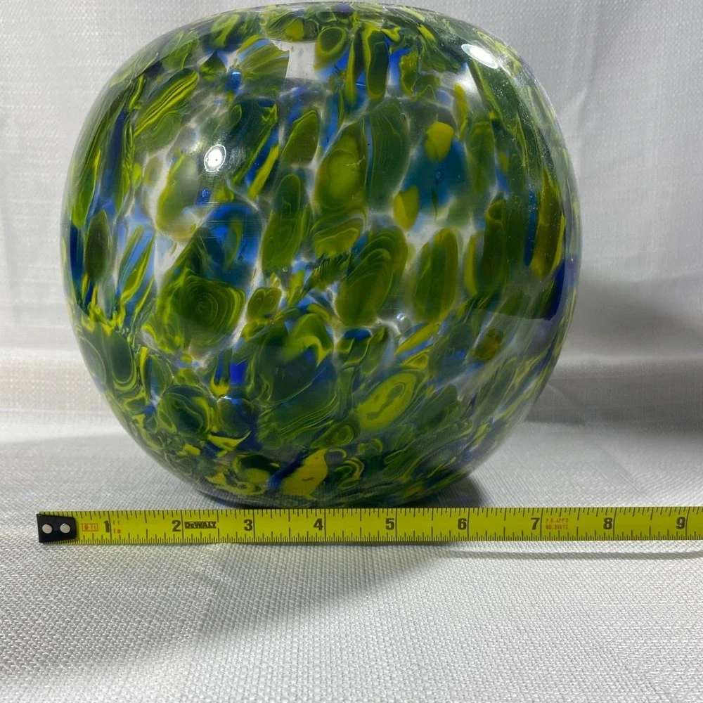 Hand Blown Art Glass Vase Round Confetti Swirl Green Yellow Blue 7 Inch